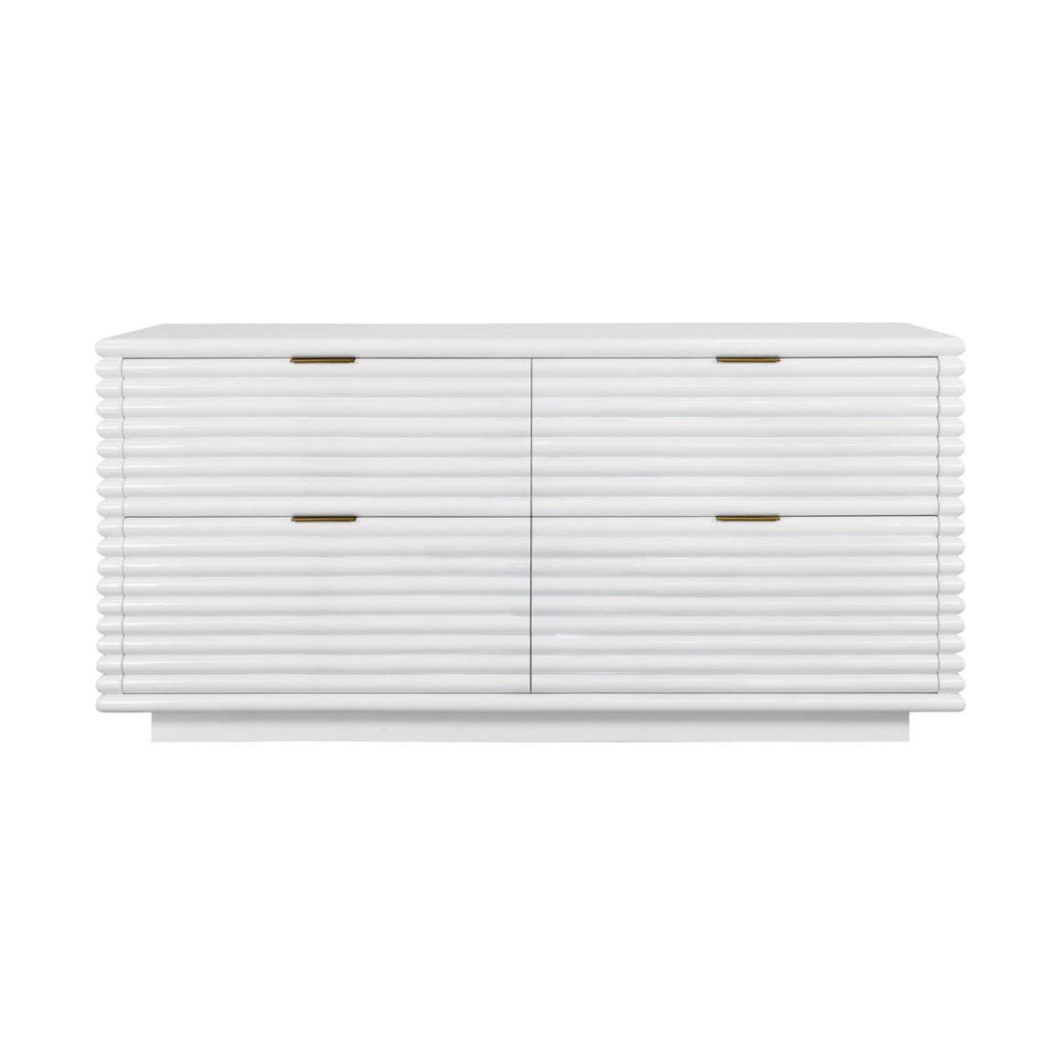 Four Drawer Chest With Antique Brass Hardware And Large Horizontal Reeds In White Lacquer
