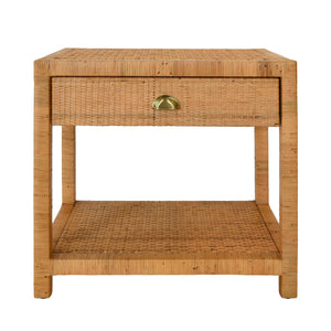 Reed One Drawer End Table in Rattan with Brushed Brass Cup Pull