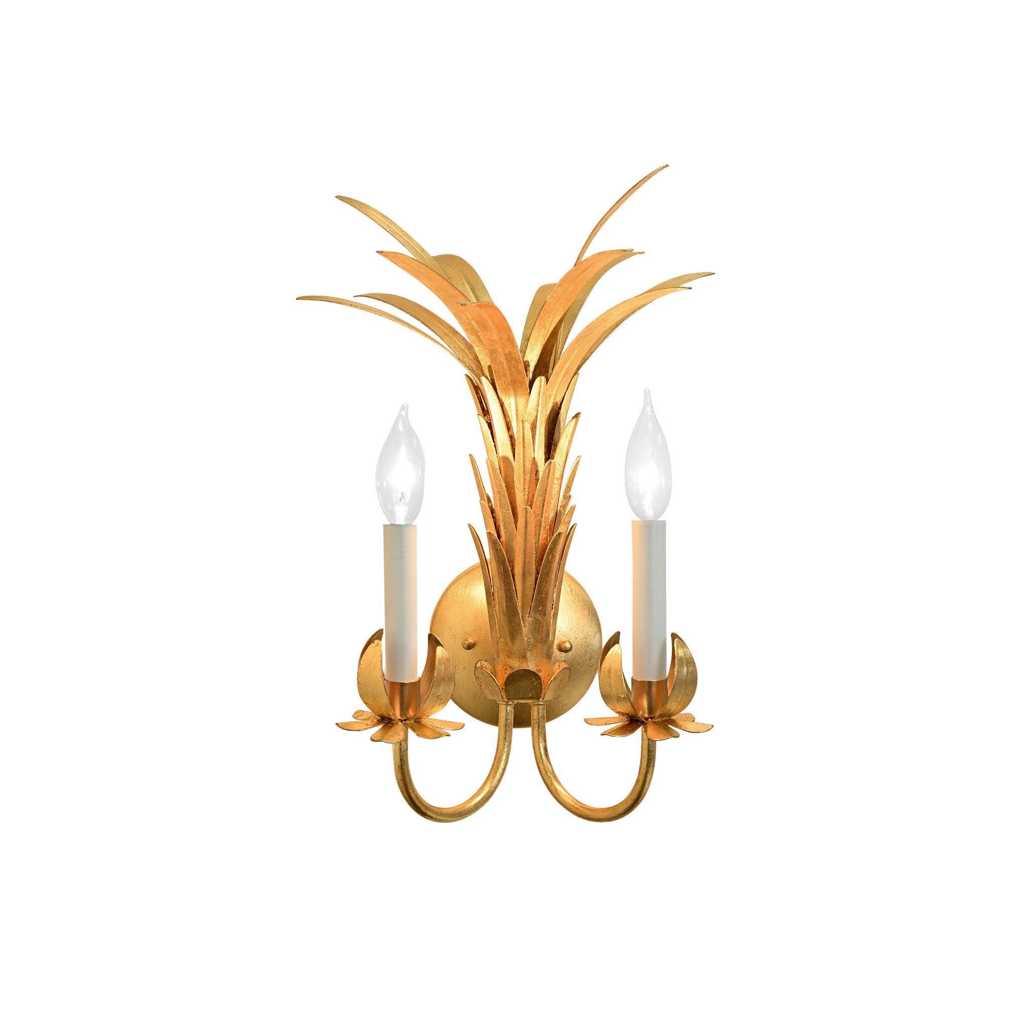 Reseda Palm Two Arm Tole Wall Sconce In Gold Leaf.