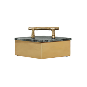 Rhoma Brass Box with Black Marble Top and Brass Bamboo Handle