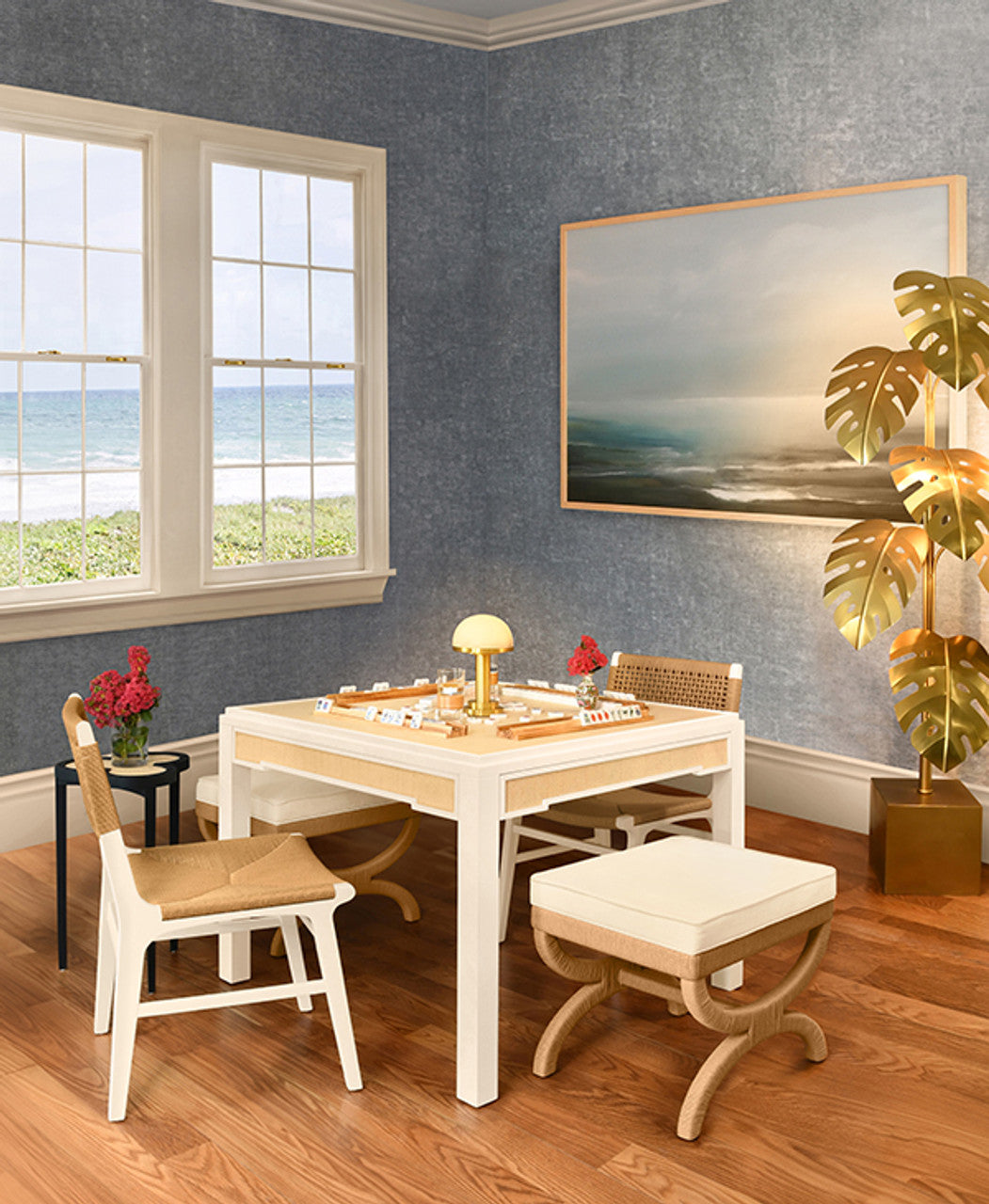 Robin Square Two Drawer Game Table In Matte White Lacquer Frame And Inset Natural Grasscloth