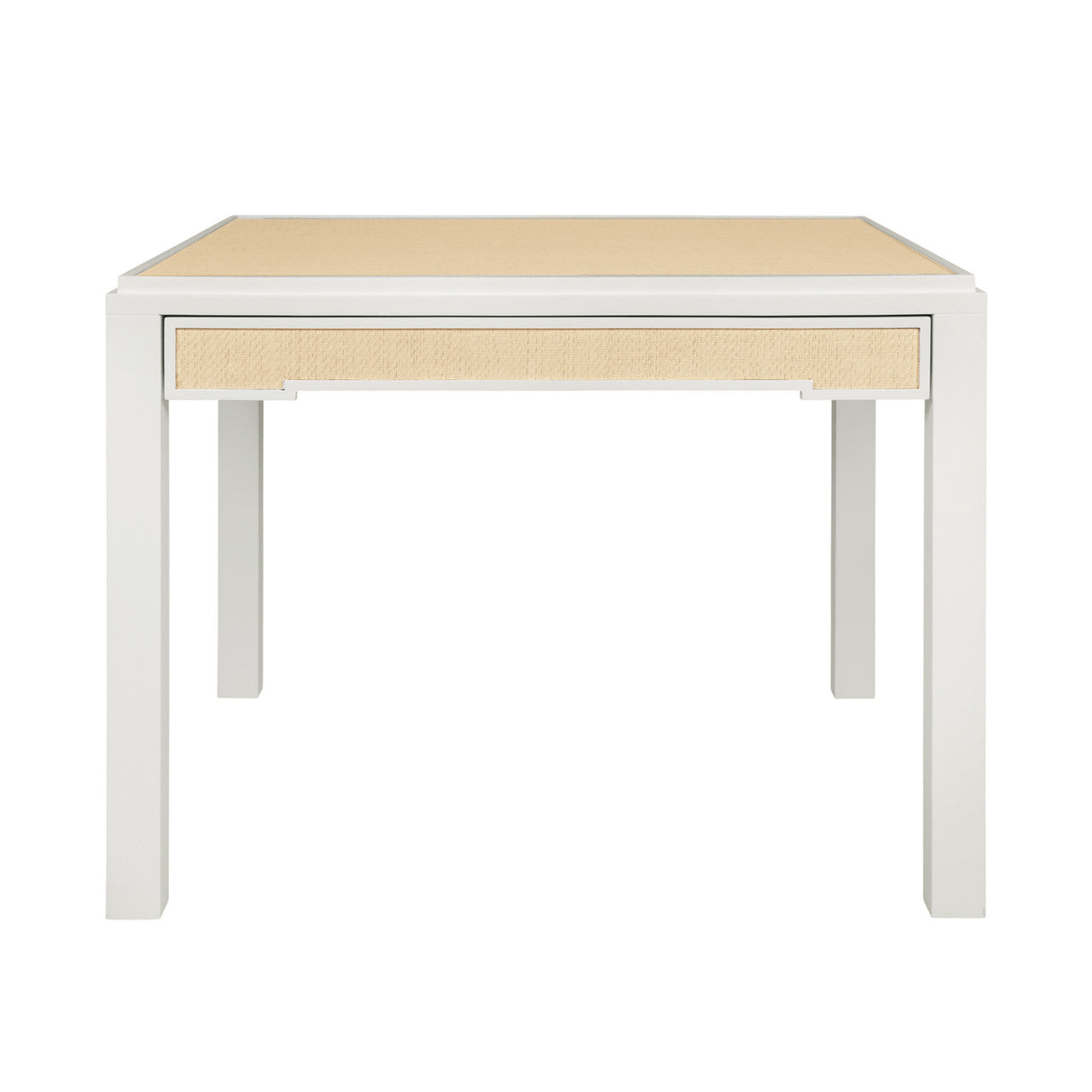 Robin Square Two Drawer Game Table In Matte White Lacquer Frame And Inset Natural Grasscloth