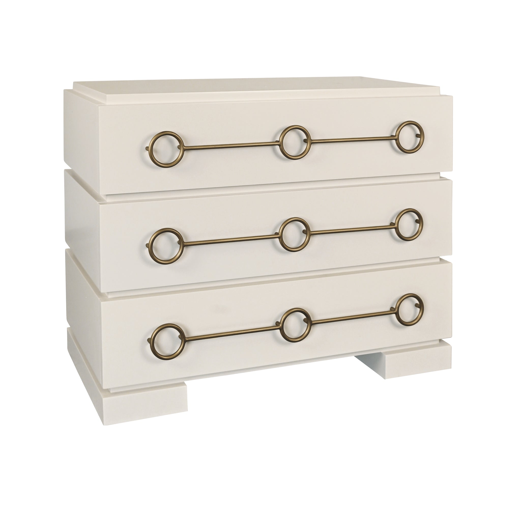 Three Drawer Chest With Antique Brass Connected Circle Hardware In Matte Antique White Lacquer
