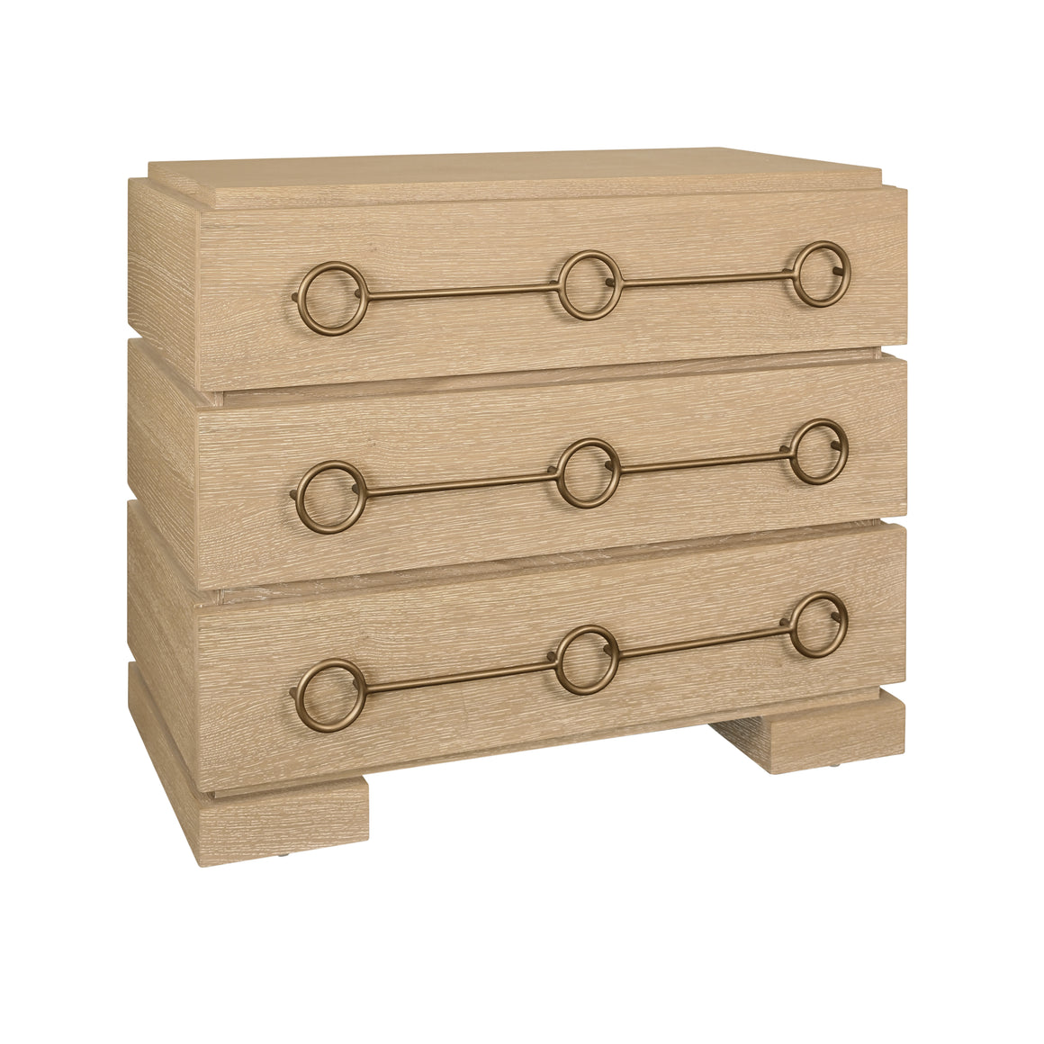 Three Drawer Chest With Antique Brass Connected Circle Hardware In Cerused Oak