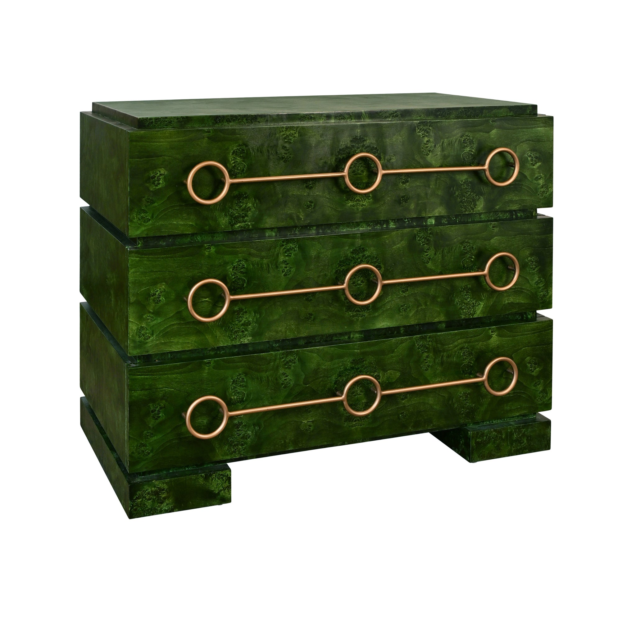 Three Drawer Chest With Antique Brass Connected Circle Hardware In Emerald Burl Wood