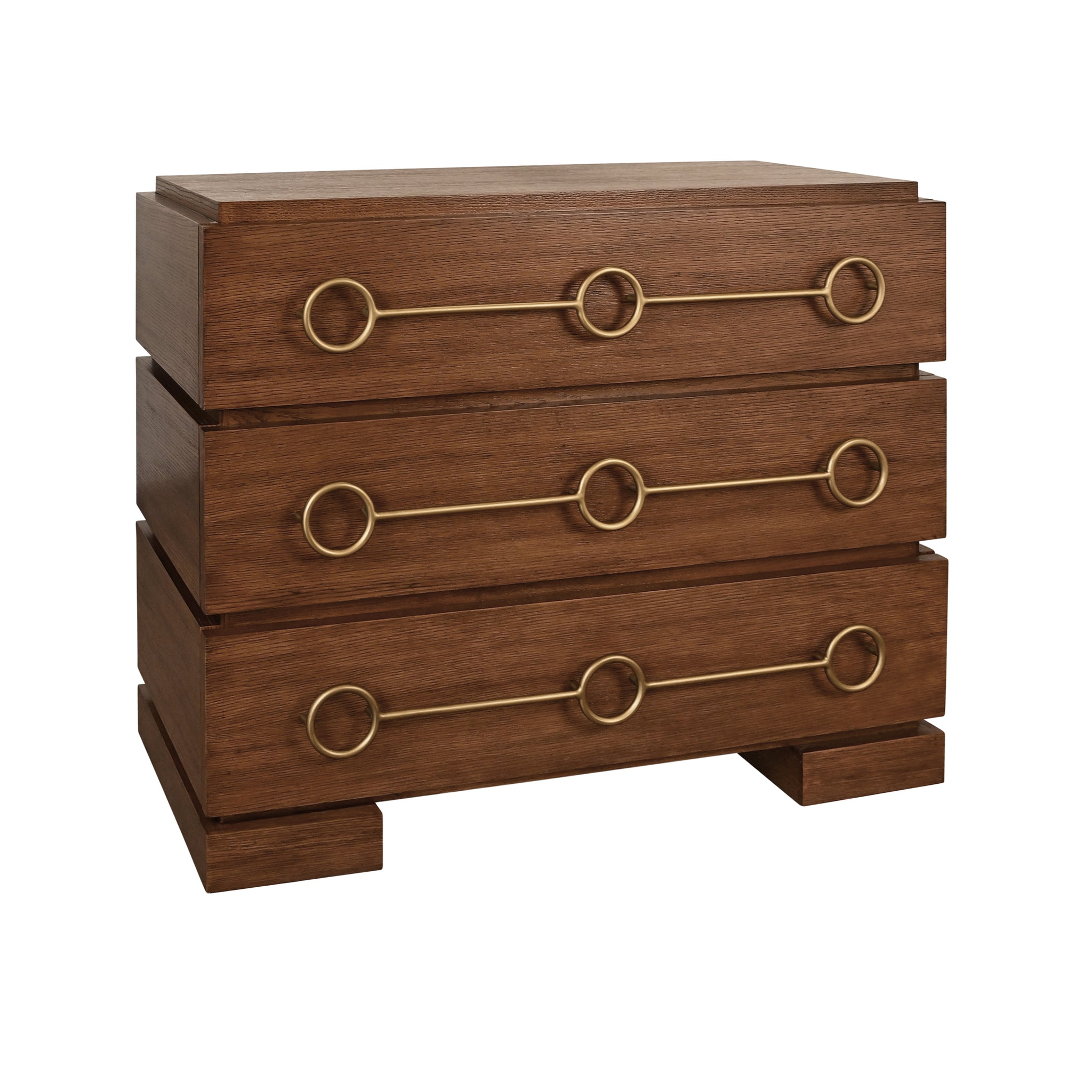 Three Drawer Chest With Antique Brass Connected Circle Hardware In Provincial Brown Oak