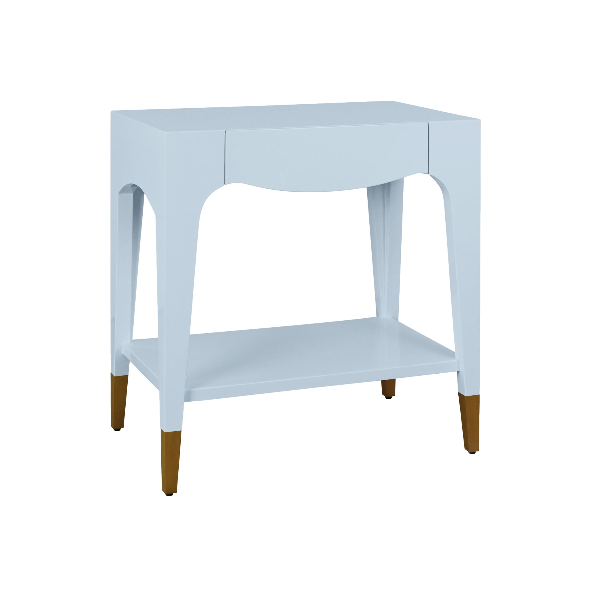 Ronnie Tapered Leg One Drawer Side Table With Antique Brass Foot Caps In White Lacquer