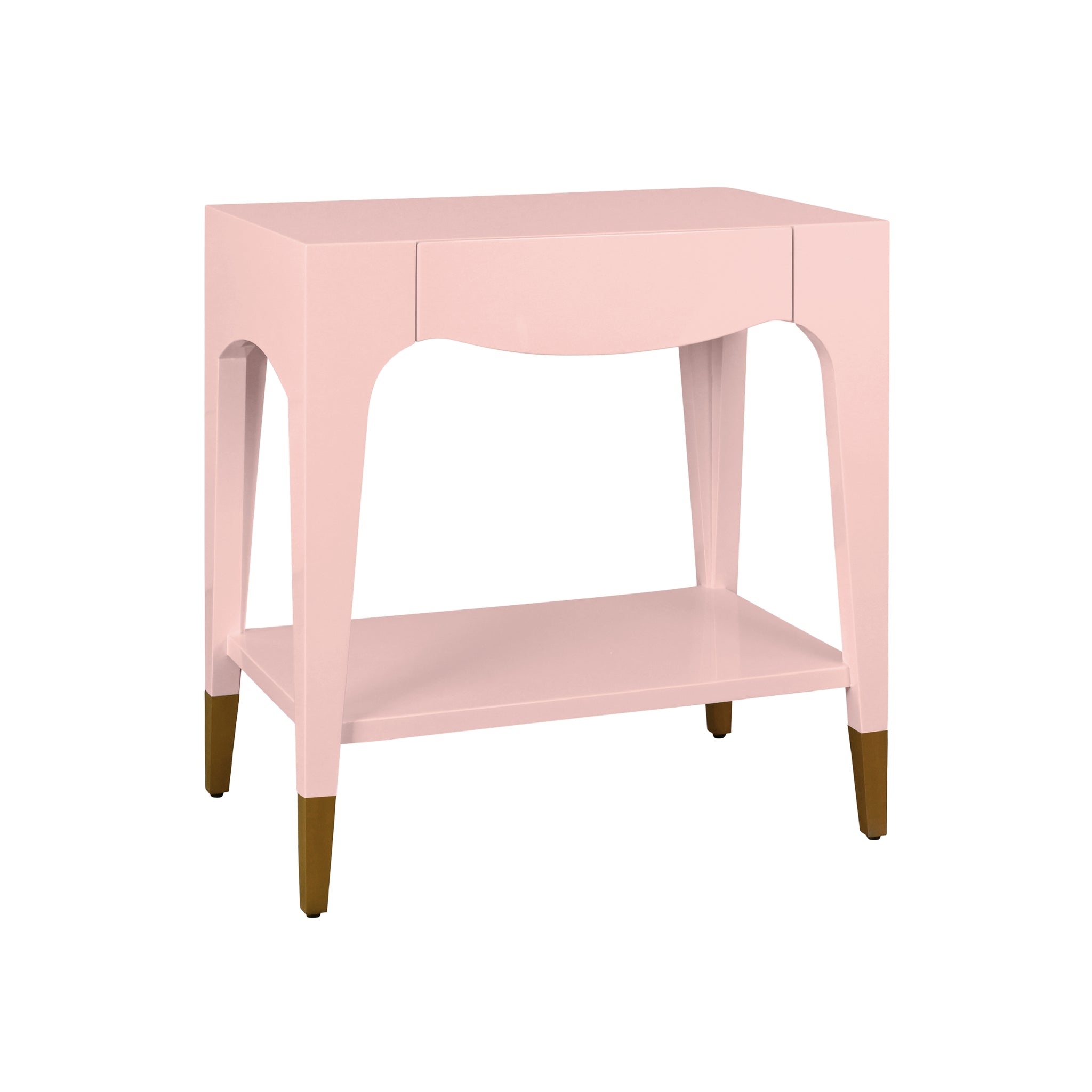 Ronnie Tapered Leg One Drawer Side Table With Antique Brass Foot Caps In White Lacquer