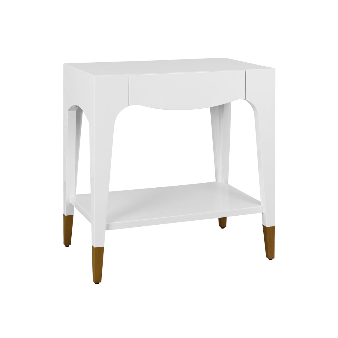 Ronnie Tapered Leg One Drawer Side Table With Antique Brass Foot Caps In White Lacquer
