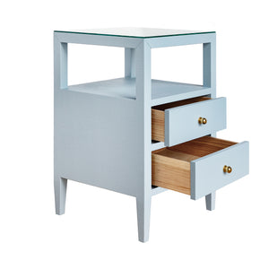 Roscoe Two Drawer Side Table in Textured Light Blue Linen with Polished Brass Knobs