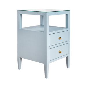 Roscoe Two Drawer Side Table in Textured Light Blue Linen with Polished Brass Knobs