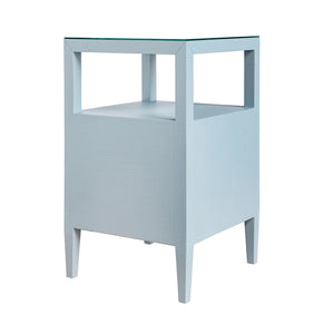 Roscoe Two Drawer Side Table in Textured Light Blue Linen with Polished Brass Knobs