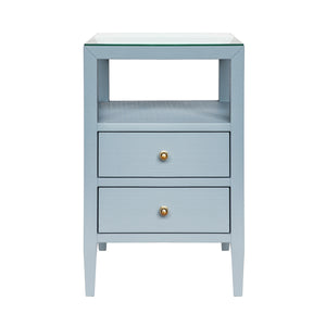 Roscoe Two Drawer Side Table in Textured Light Blue Linen with Polished Brass Knobs