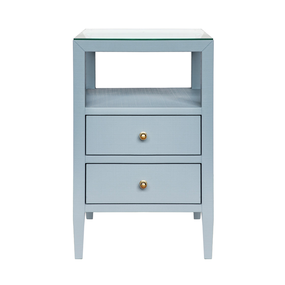 Roscoe Two Drawer Side Table in Textured Light Blue Linen with Polished Brass Knobs