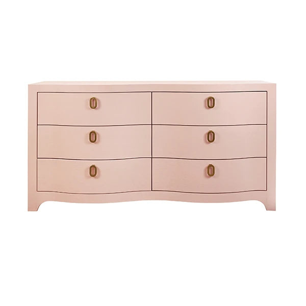 ROSIE Curved Front Six Drawer Chest In Textured Pink Linen