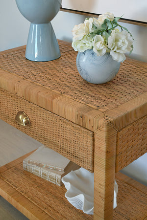 Reed One Drawer End Table in Rattan with Brushed Brass Cup Pull