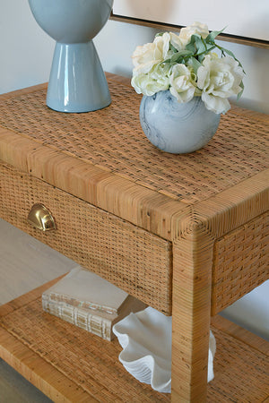Reed One Drawer End Table in Rattan with Brushed Brass Cup Pull