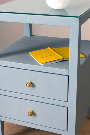 Roscoe Two Drawer Side Table in Textured Light Blue Linen with Polished Brass Knobs