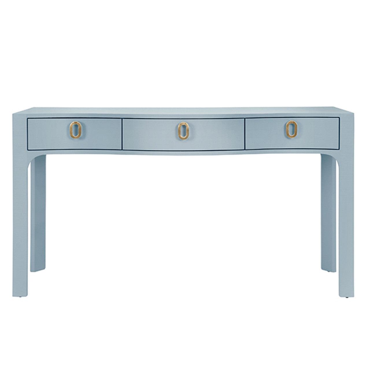 Sabrina Curved Front Console With Three Drawers In Textured Light Blue Linen With Satin Brass Ring Hardware And Glass Top