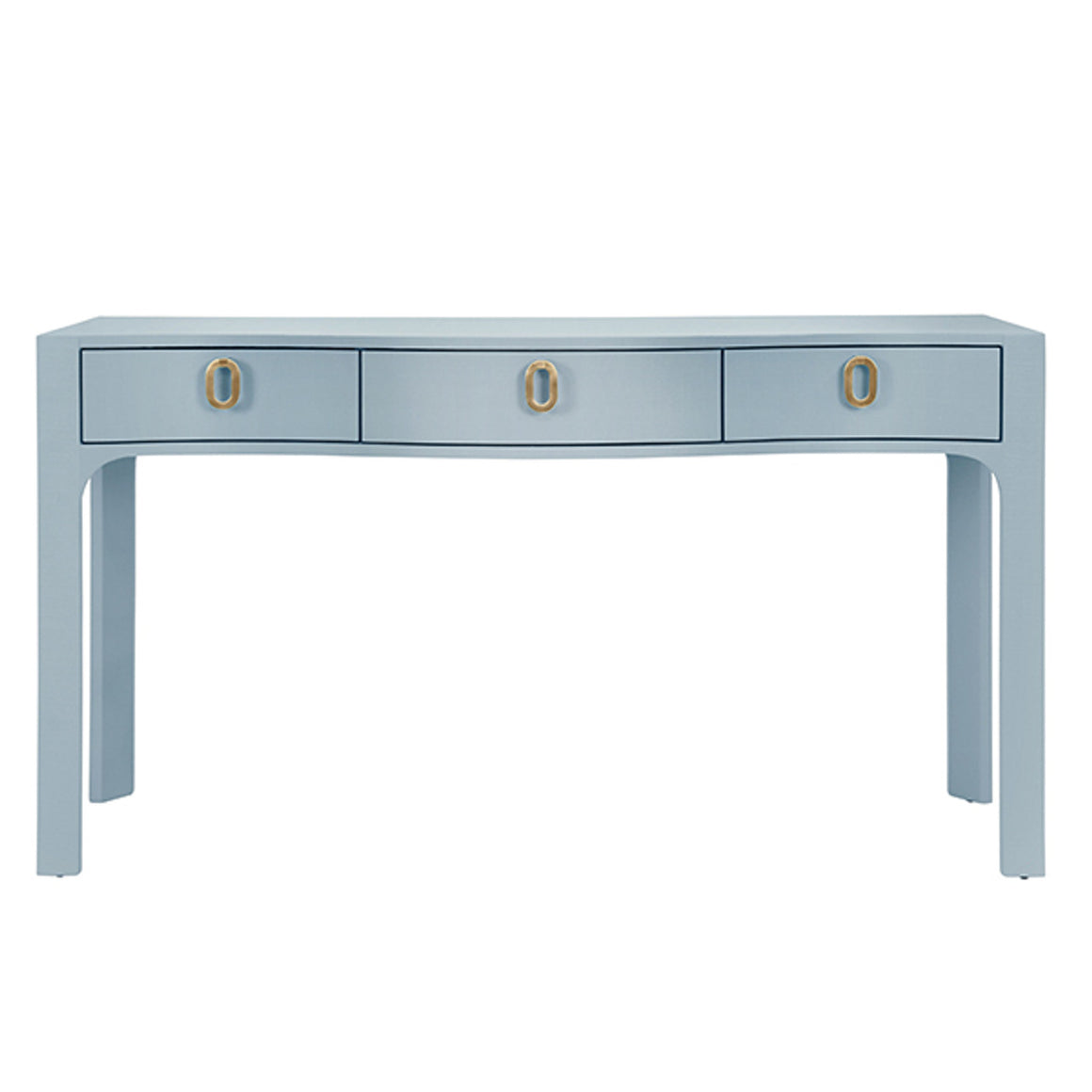 Sabrina Curved Front Console With Three Drawers In Textured Light Blue Linen With Satin Brass Ring Hardware And Glass Top