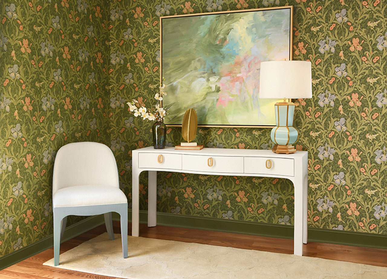 Sabrina Curved Front Console With Three Drawers In Textured White Linen With Satin Brass Ring Hardware And Glass Top