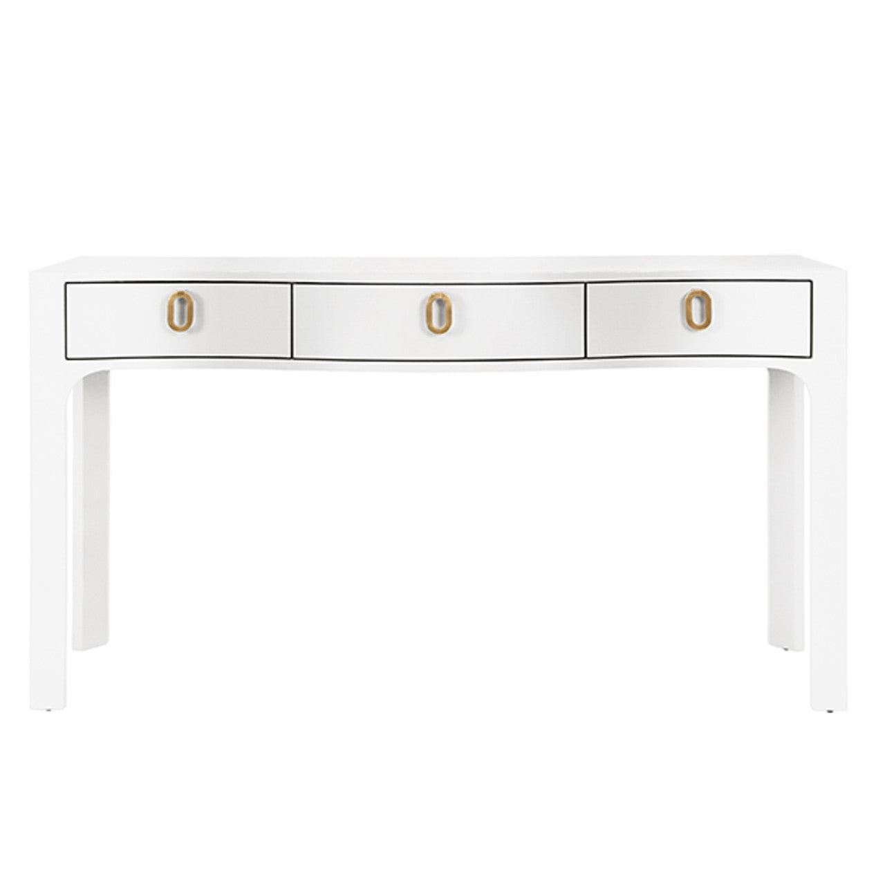 Sabrina Curved Front Console With Three Drawers In Textured White Linen With Satin Brass Ring Hardware And Glass Top