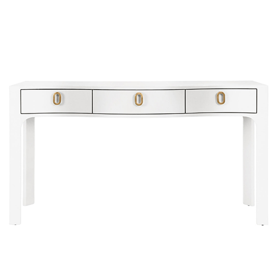 Sabrina Curved Front Console With Three Drawers In Textured White Linen With Satin Brass Ring Hardware And Glass Top