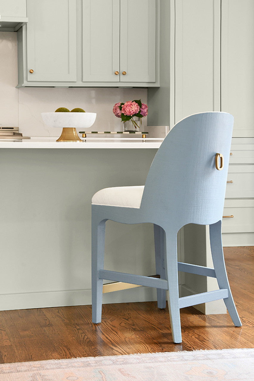 Sadie Curved Counter Stool With Satin Brass Ring Hardware On Back In Performance White Linen Upholstery And Textured Light Blue Linen Frame