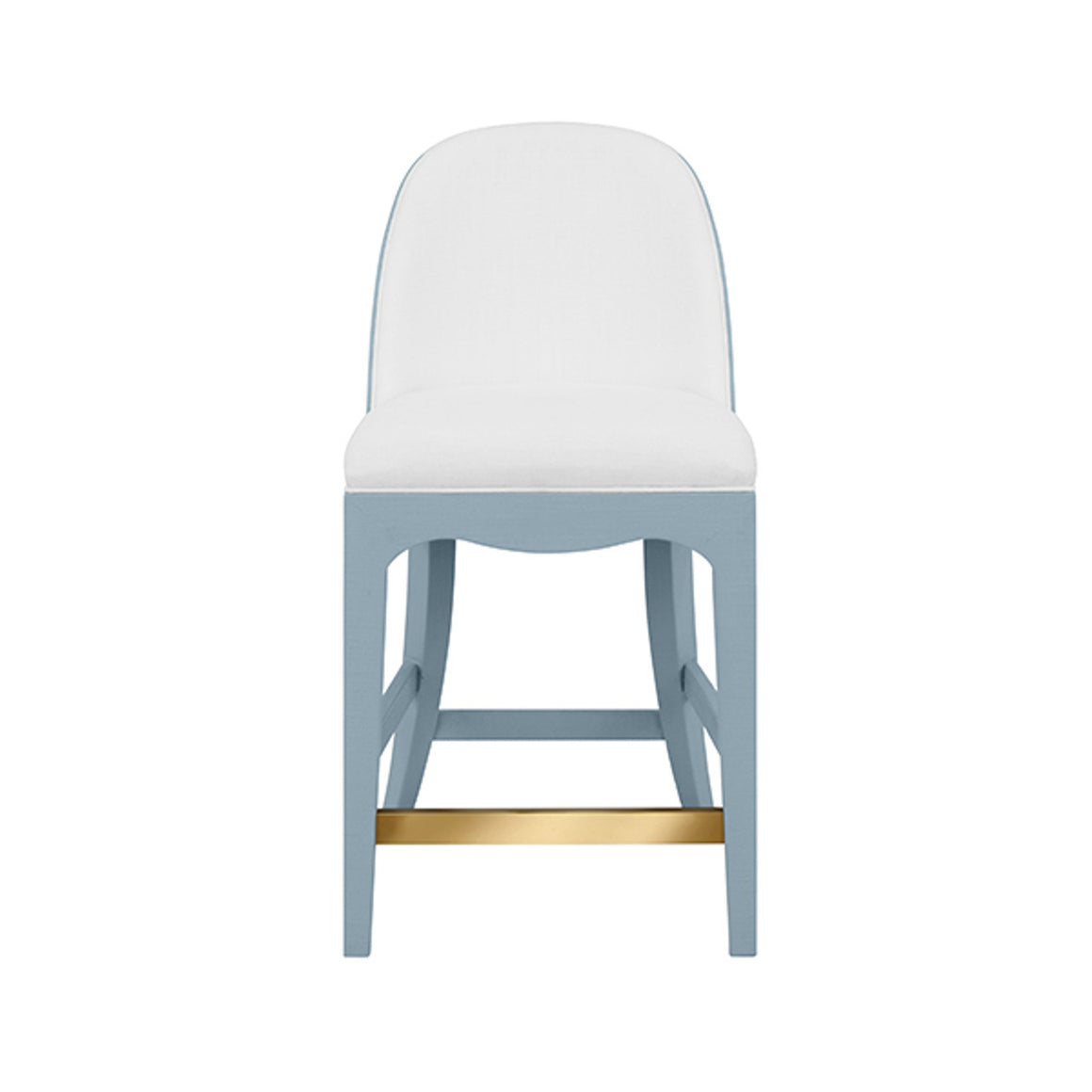 Sadie Curved Counter Stool With Satin Brass Ring Hardware On Back In Performance White Linen Upholstery And Textured Light Blue Linen Frame