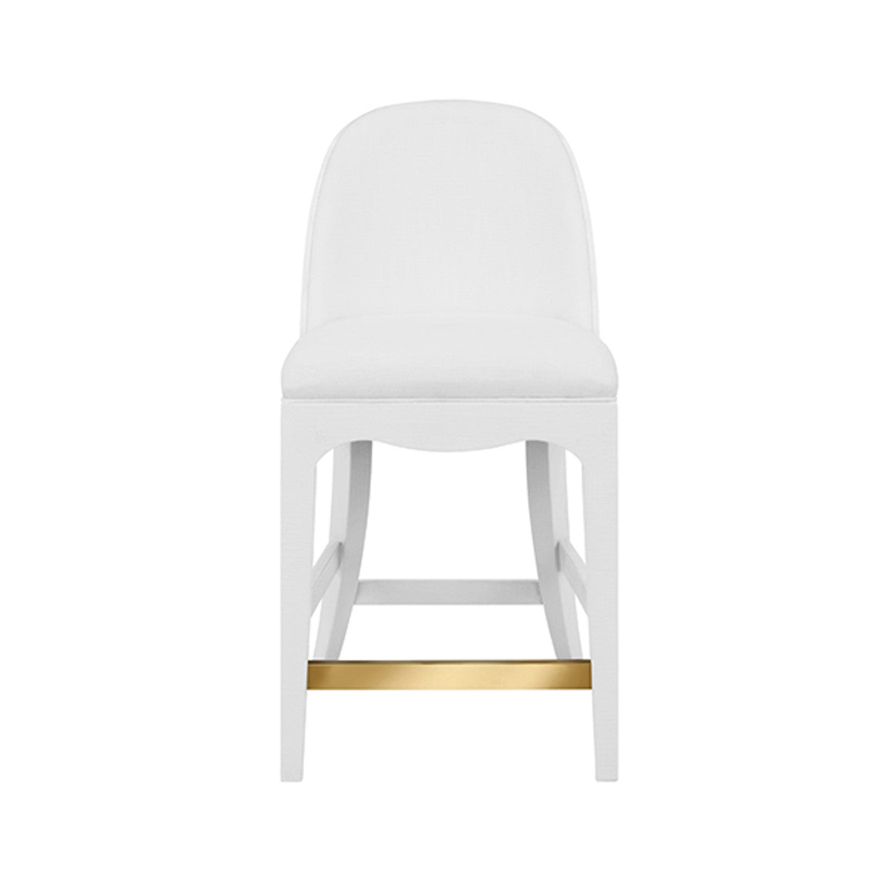 Sadie Curved Counter Stool With Satin Brass Ring Hardware On Back In Performance White Linen Upholstery And Textured White Linen Frame