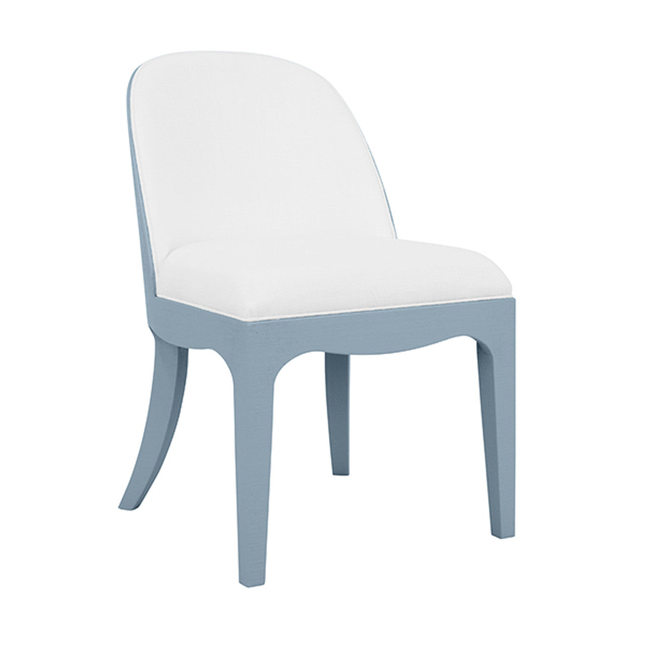 Sadie Curved Dining Chair With Satin Brass Ring Hardware On Back In Performance White Linen Upholstery And Textured Light Blue Linen Frame