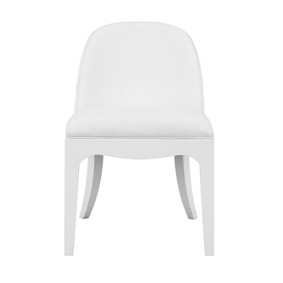 Sadie Curved Dining Chair With Satin Brass Ring Hardware On Back In Performance White Linen Upholstery And Textured White Linen Frame