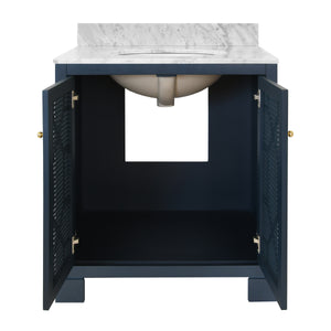 Schaffer Bath Vanity in Matte Navy Lacquer with Cane Front Doors