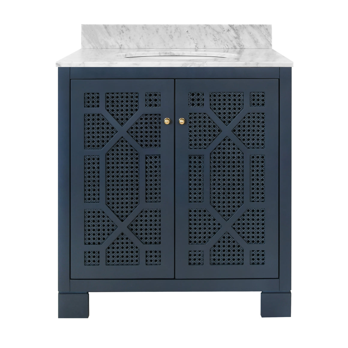 Schaffer Bath Vanity in Matte Navy Lacquer with Cane Front Doors