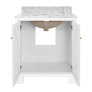 Schaffer Bath Vanity in Matte White Lacquer with Cane Front Doors