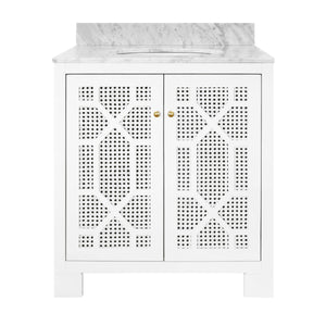 Schaffer Bath Vanity in Matte White Lacquer with Cane Front Doors