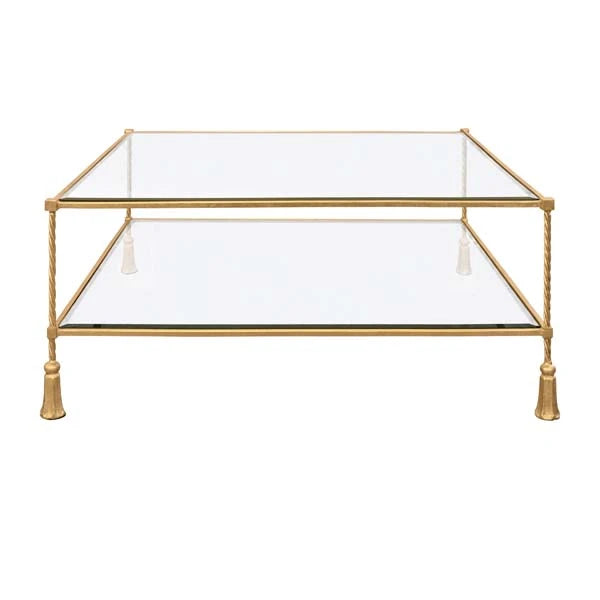 SCHIFFER Square Iron Coffee Table With Tassel Inspired Feet And Glass Top In Gold Leaf
