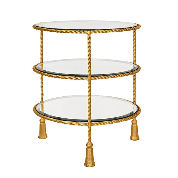 SIEGAL Round Three Tier Occasional Table With Tassel Inspired Feet And Glass Top In Gold Leaf