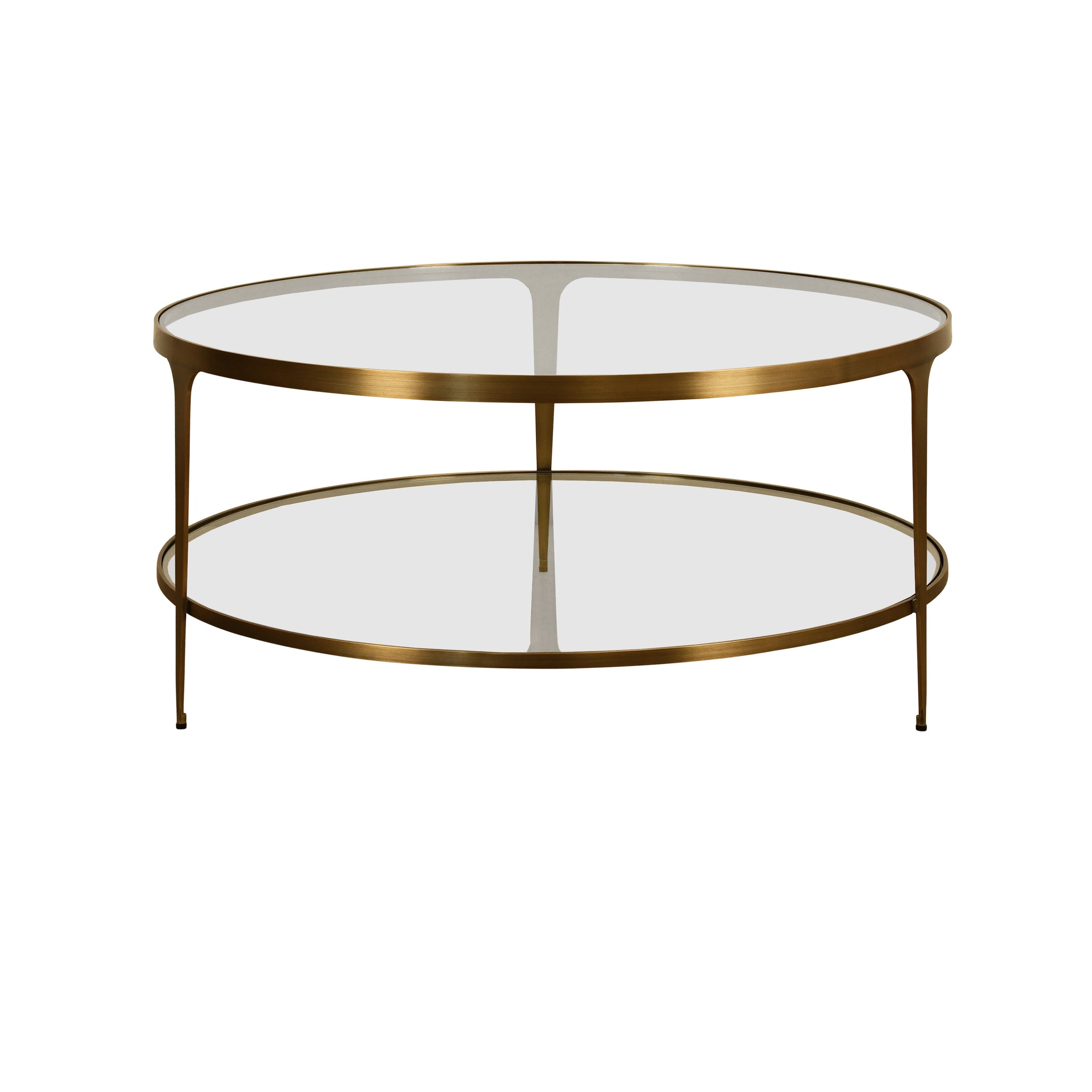 Two Tier Glass Top Round Coffee Table In Antique Brass