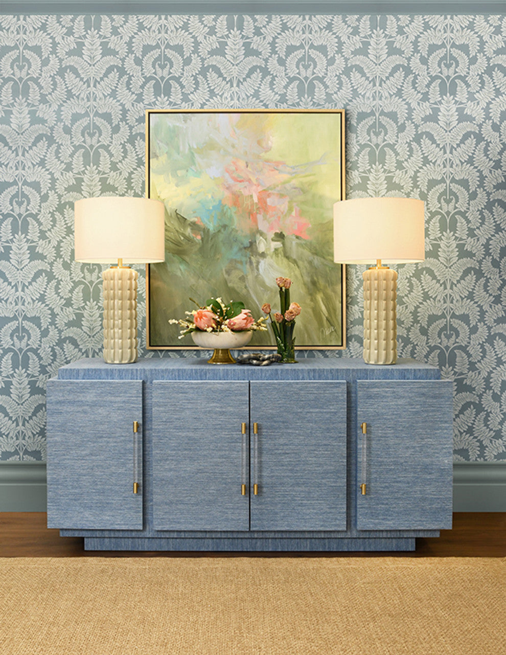 Steele Four Door Wrap Around Modern Buffet With Brass Fluted Handles In Dyed Blue Grasscloth