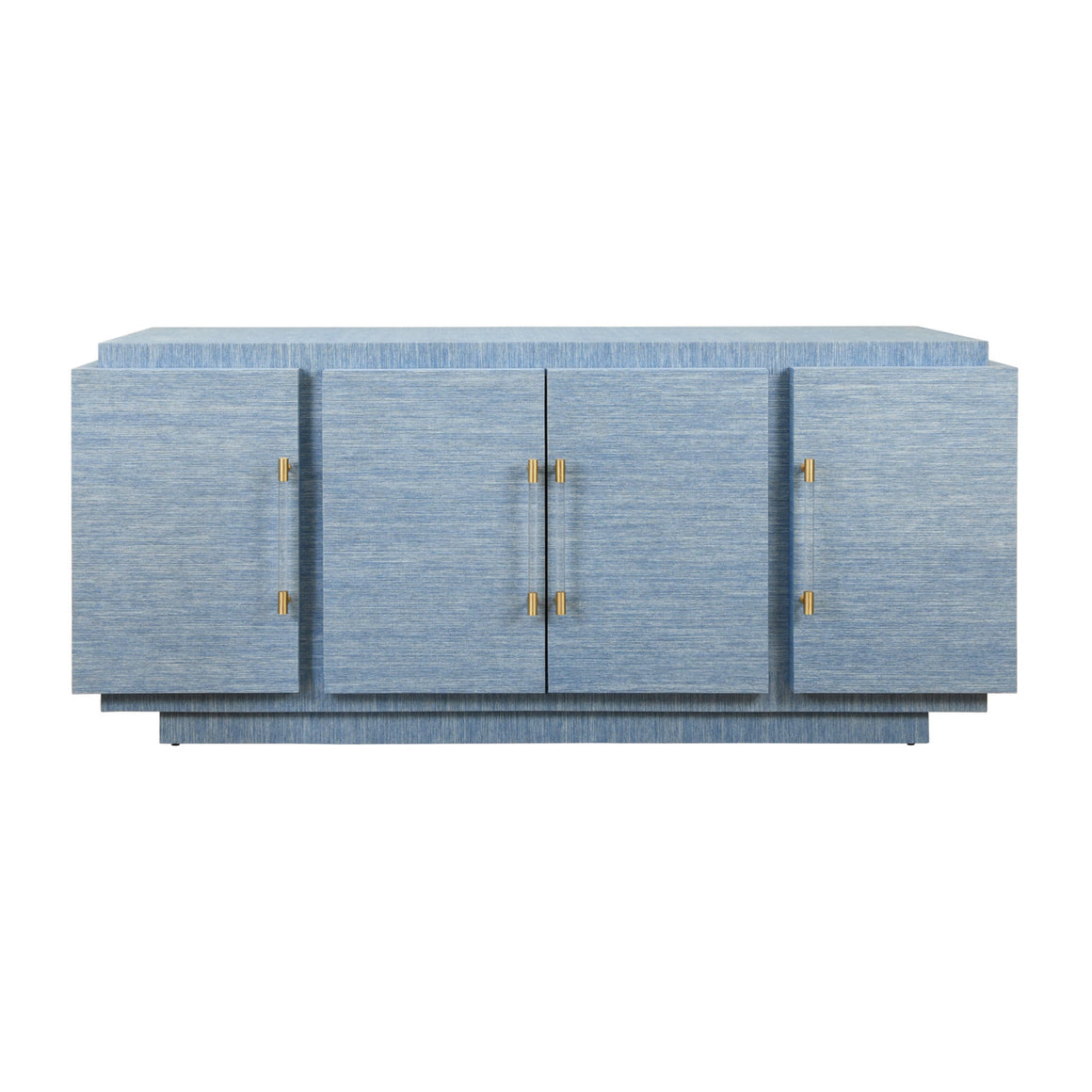 Steele Four Door Wrap Around Modern Buffet With Brass Fluted Handles In Dyed Blue Grasscloth