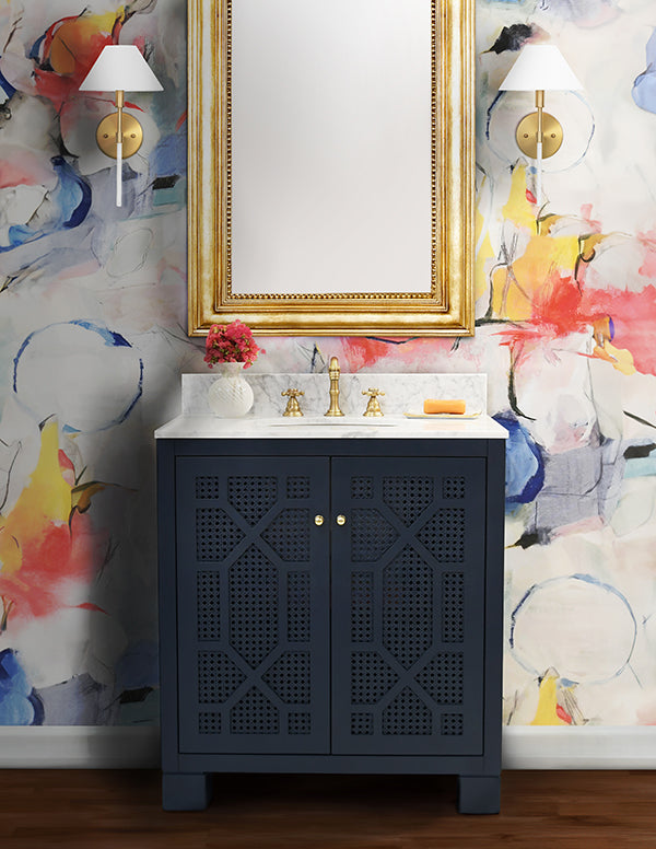 Schaffer Bath Vanity in Matte Navy Lacquer with Cane Front Doors