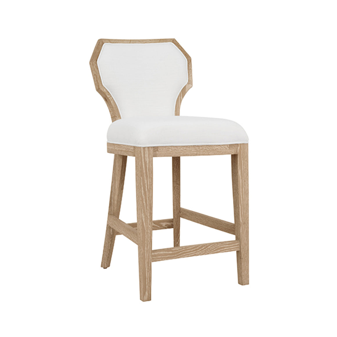 Tally Counter Stool With Curved Angle Back In Cerused Oak With Performance White Linen Upholstery