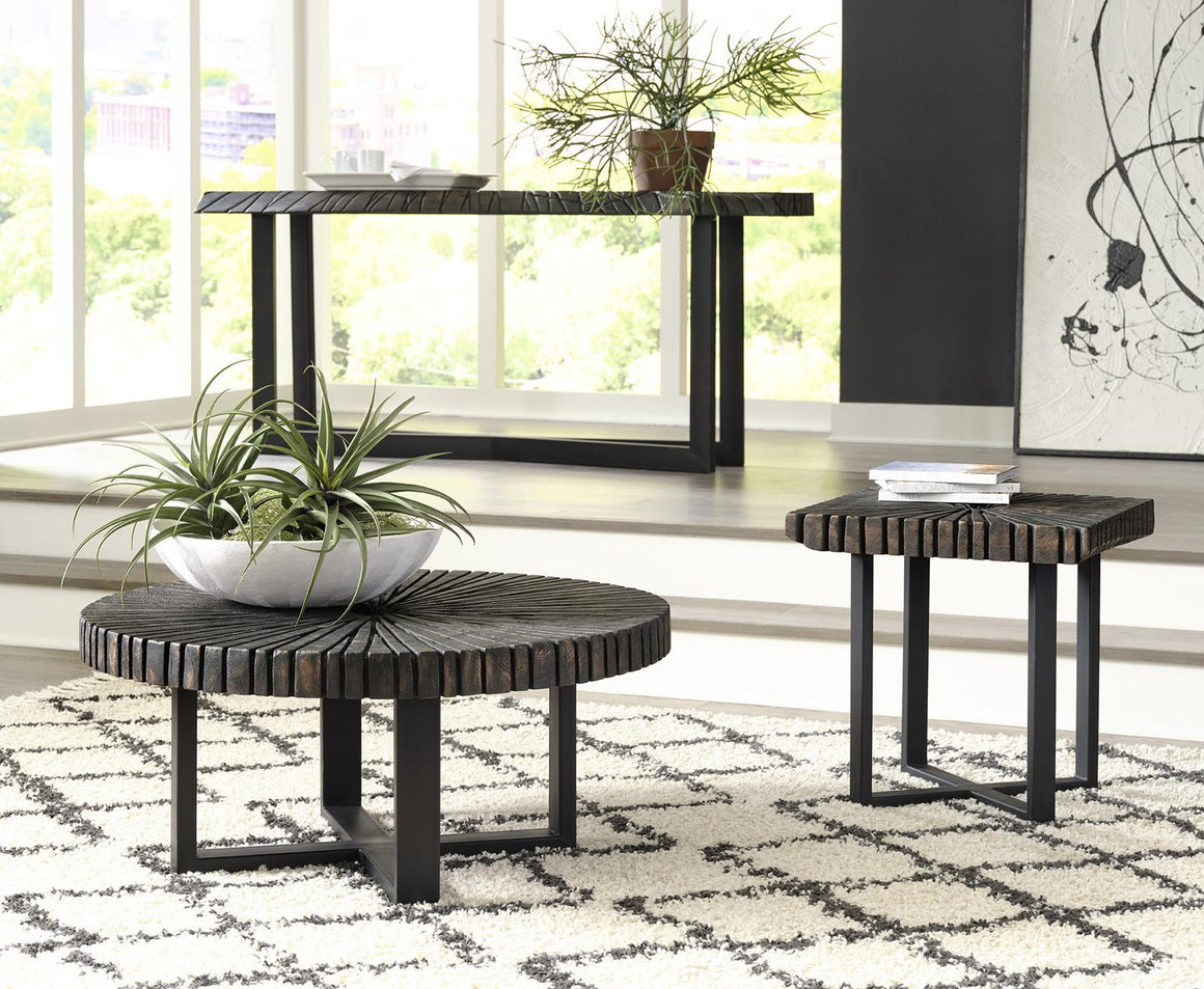 Chainsaw Coffee Table, Round, Black Iron Cross Base, Black/Copper