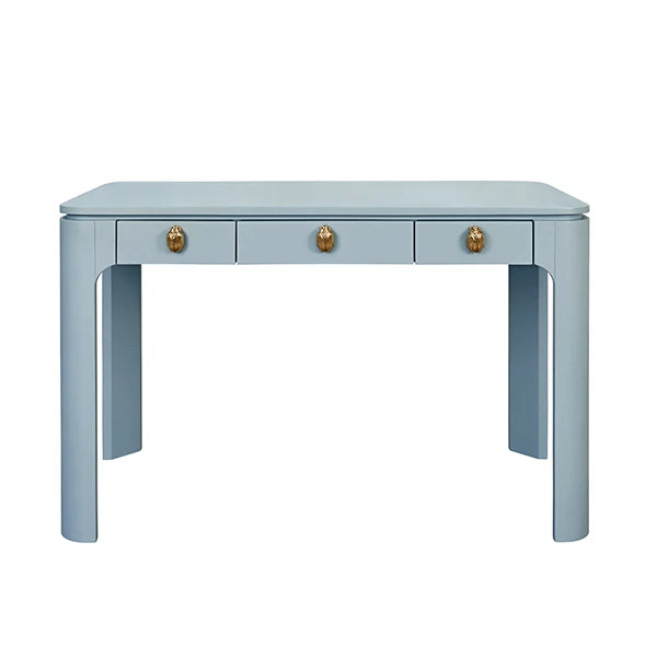THEO Three Drawer Rounded Edge Desk With Brass Beetle Knobs In Matte Light Blue Lacquer