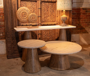 Caldera Console Table with White Travertine and Light Oak Base