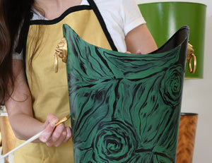 Worlds Away Hand-Painted Wastebasket with Lion Handles - Malachite