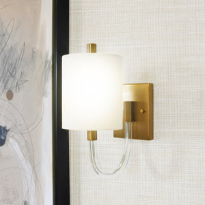 Worlds Away Walton Acrylic Sconce with White Linen Shade – Antique Brass