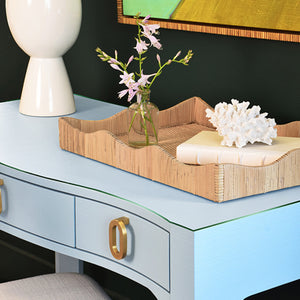 Gladys Desk in Light Blue Textured Linen and Glass Top