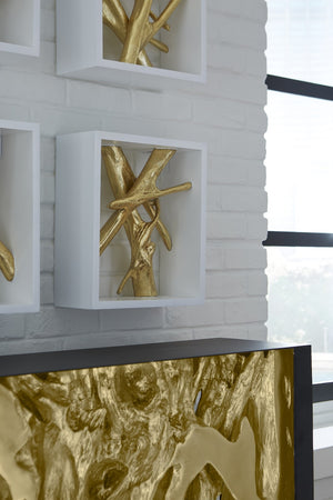 Framed Branches Wall Tile, White, Gold Leaf